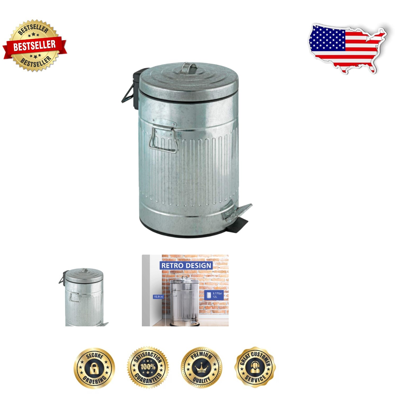 Pedal-Activated 3.2 Gal Retro Metal Garbage Bin - Quiet Close & Removable Bucket