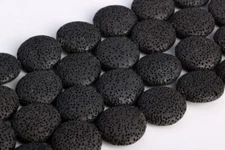 21x7MM Black Volcanic Lava Flat Round Button Grade AAA Natural Loose Beads