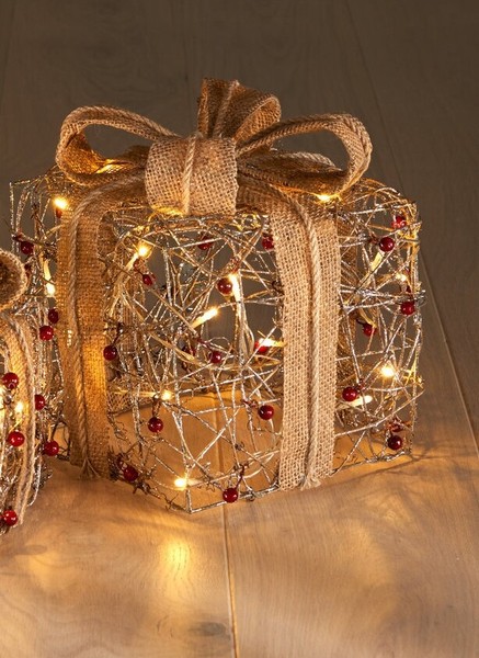 Led Geschenkbox Weihnachten M. Lichterkette Juteschleife 25 Cm Deko Advent Neu-image