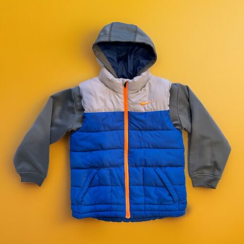 Boys Nike Blue Gray With Orange Logo Youth Puffer Jacket with Hood! Size 7