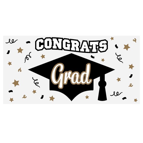 Graduation Party Black Congrats Grad Plastic Banner, 6 Ft. x 3 Ft - Picture 1 of 1