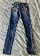 Miss Me Girls 14 Skinny Distressed Embellished Fleur De Lis Stretch Blue Jeans