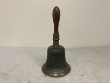 Antique Large Bronze Handheld School Church Dinner Bell with Wooden Handle 14”