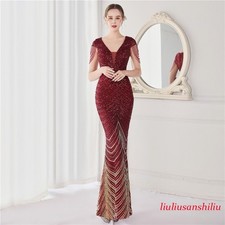 Lady Sequin Evening Dress Beading Sleeve Deep V Long Formal Prom Dresses Elegant