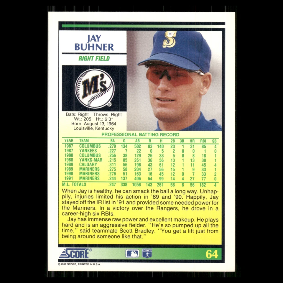 Jay Buhner #64 1992 Score Seattle Mariners Baseball Card MLB - Image 2 of 3