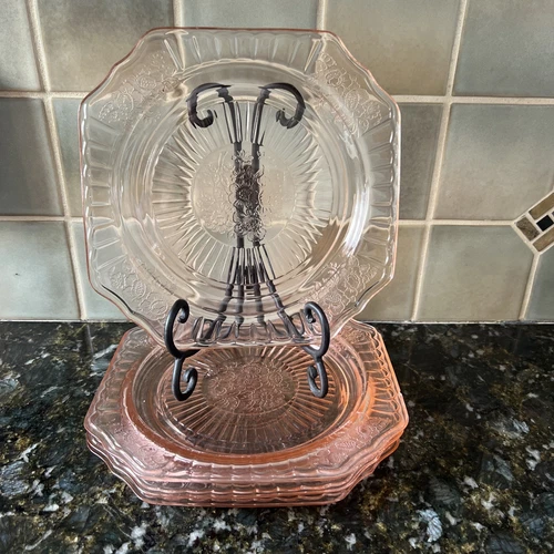 Four Vintage Anchor Hocking Mayfair Pink Depression Glass Luncheon Square Plate