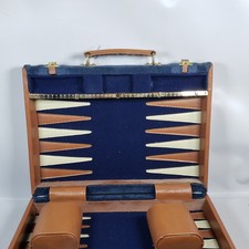 Aries Vintage Backgammon Travel Set Blue Velvet Tan Trim Complete 15.5x10.5 in.
