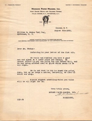 1925 Mohawk Paper Makers Inc. Typed Letter Cohoes NY Vintage Ephemera