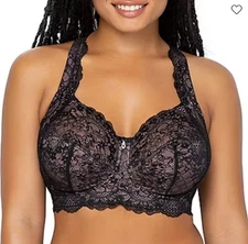 Curvy Couture Luxe Lace Bra 1320 40H/42G Black Beige Wireless Mesh Lingerie
