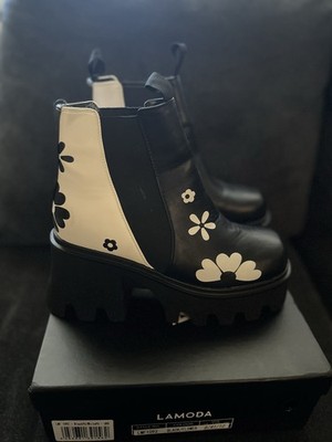 La Moda Women's Platform Boots Black And White Flower Print Size 10 Women