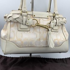 COACH 10785 White Braided Handle Tassel Shoulder Bag Canvas Leather