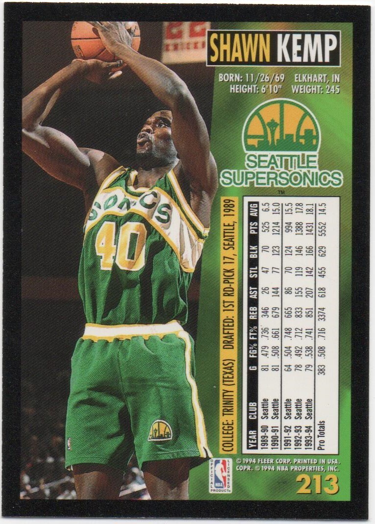 Shawn Kemp 199495 FLEER BASKETBALL Base 213 Supersonics eBay