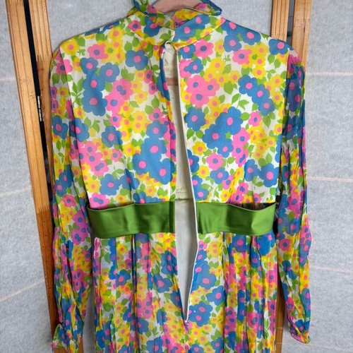 Vestido Floral De Colección Años 70 Groovy Mod Gasa Transparente Volantes Verde Lazo Talla 11 Retro - Imagen 11 de 16