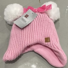 Toddler Girls Pink Knit Fleece Lined Trapper Style Pom Beanie Stocking Cap Hat