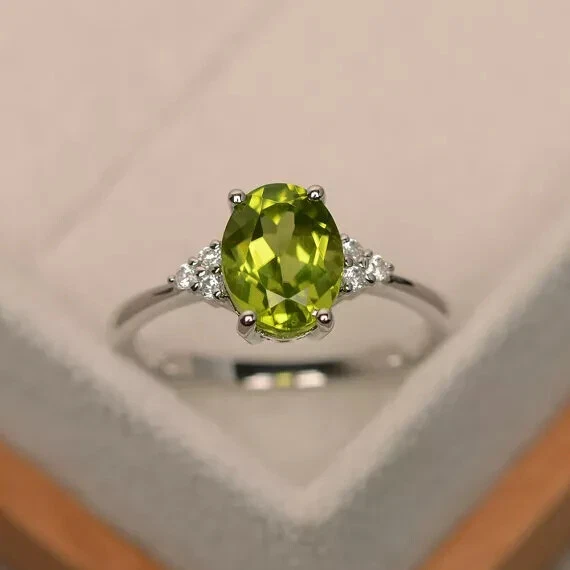 Oval Cut 2.19 Ct Natural Peridot Diamond Engagement Ring Solid 14K White Gold - Image 3 of 4