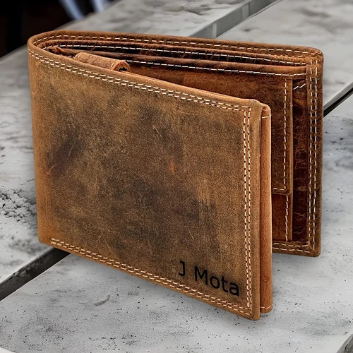 Personalised Custom Engraved RFID Blocking Mens Distressed Hunter leather WalletOpens in a new window or tab