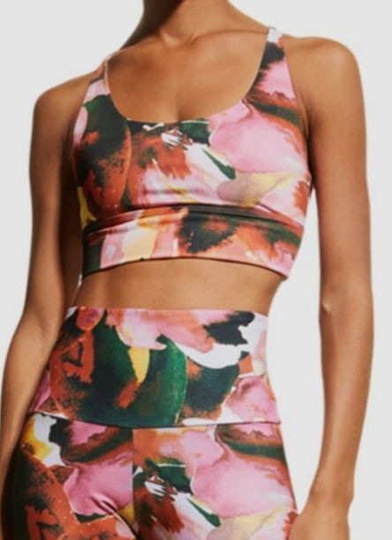 $53 Onzie Women's Pink Floral Sacred Strappy Sports Bra Size Large.