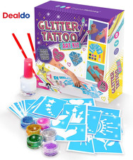 Glitter Tattoo Kit for Girls, 33-Piece Set with 24 Stencils, 6 Glitter Colors, B