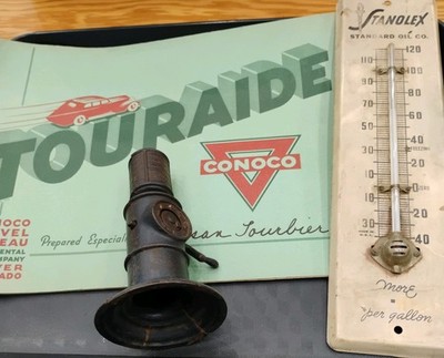 Stanolex Standard Oil Thermometer & Conoco Touraide & cast gas pump