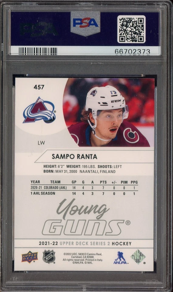 2021 Upper Deck Hockey -  Sampo Ranta 457 - Young Guns - ROOKIE - PSA 10 - Image 2 of 2
