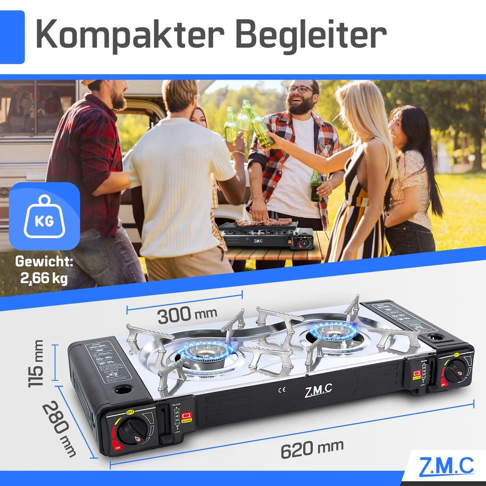 2 flammig Campingkocher Outdoor Camping Gas Kocher Grillplatte + 4x Gaskartusche - Bild 3 von 4