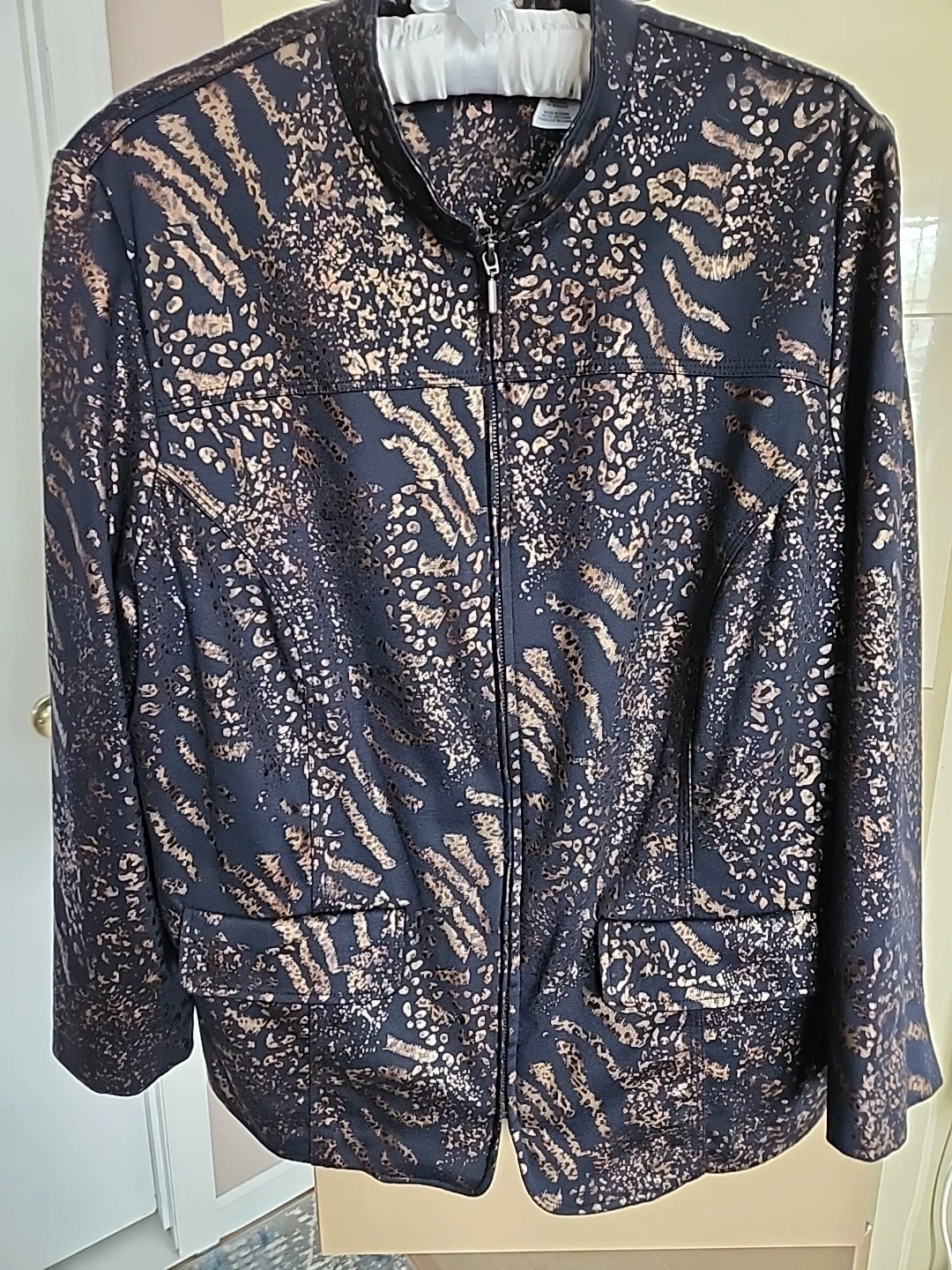 VETEMENTS Giacca donna Alfred Dunner taglia 16W nero argento metallizzato full zip elasticizzata