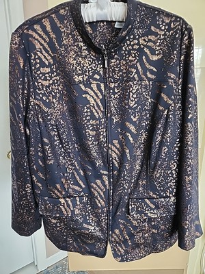 Alfred Dunner Jacket Womens Size 16W Black Silver Metallic Full Zip Stretch 
