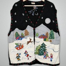 VTG 90s Bobbie Brooks Christmas Sweater Vest XL Embroidered Knit Winter Village