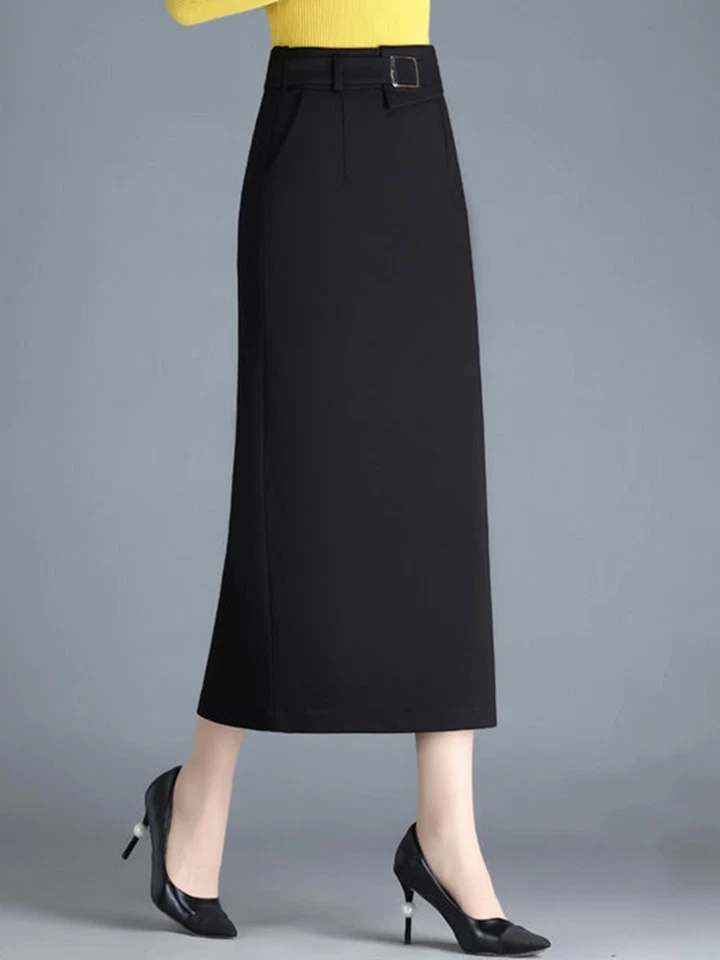 Mujer Negro Falda Midi Cintura Alta Delgada Cadera Abrazo Falda Faldas Rectas abertura Foto 2 de 4