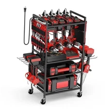  Garage Large Power Tool Organizer Cart with 20A Charing 6 FT Power Cord Red