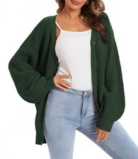 Women's 100% Cotton Oversized ButtonDown Knit Cardigan Emerald Green Medium