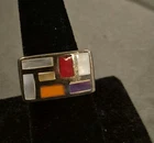 VINTAGE SOLID 925 SILVER MULTI COLORFUL GEMSTONE INLAYED WIDE HALLMARKED RING