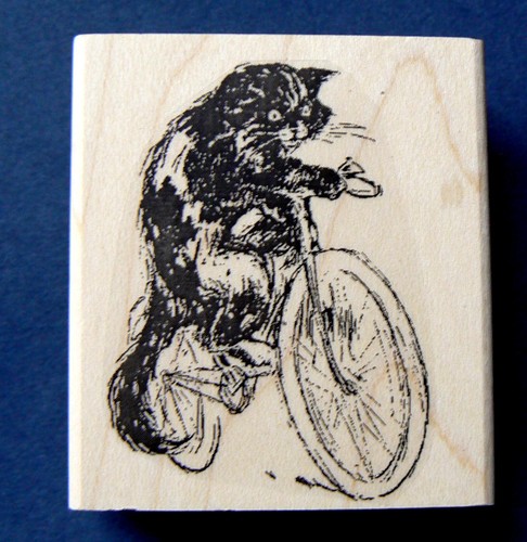 Cat on bicycle rubber stamp vintage style WM 2x2.25" P37 - Picture 2 of 2