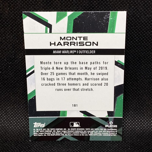 2021 TOPPS FIRE MONTE HARRISON RC ROOKIE #181 MIAMI MARLINS - Picture 2 of 2