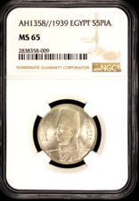 AH 1358 1939 Egypt Silver 5 Piastres, NGC MS 65, KM-366, Attractive Example