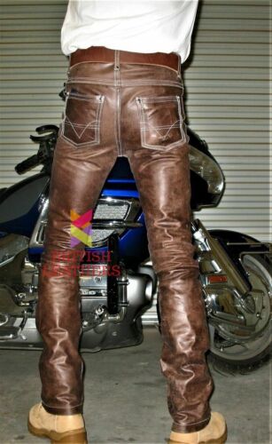 Mens Leather Jeans Pants Trouser 5 Pockets Cowhide Brown Breeches BLUF Levis 501 - Picture 2 of 7