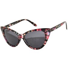 CAT EYE OWL SUNGLASSES SMOKE LENS GLASSES SHADES UV400 BLACK FLOWER FRAME