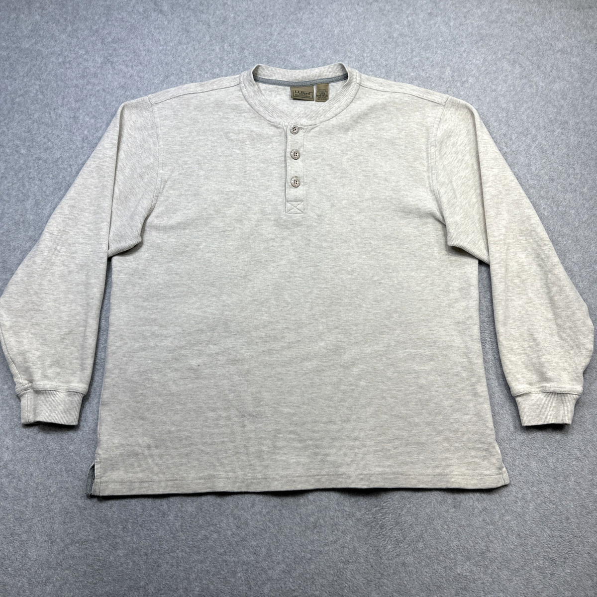 LL Bean Shirt Men Large Beige Unshrinkable Mini Waffle Henley Casual  Workwear