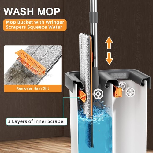 Mop and Bucket with Wringer Set for Home, Flat Mop and Bucket Set with 4 - Picture 2 of 6