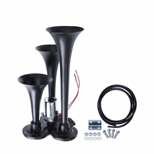 NEW HORNS Train Air Horn 3 Trumpets Black for Truck/Car/SUV Loud Sound 12v/24V - Picture 6 of 11