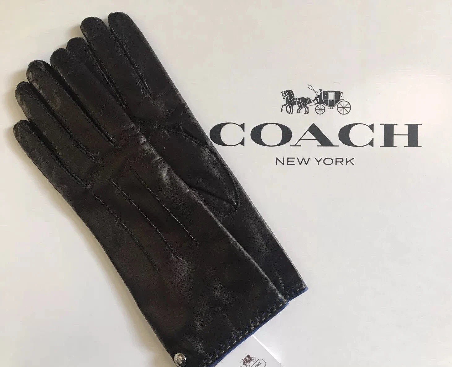NWT Coach Women's Leather Glove With Blue Trim 82821 Black Size 7.5