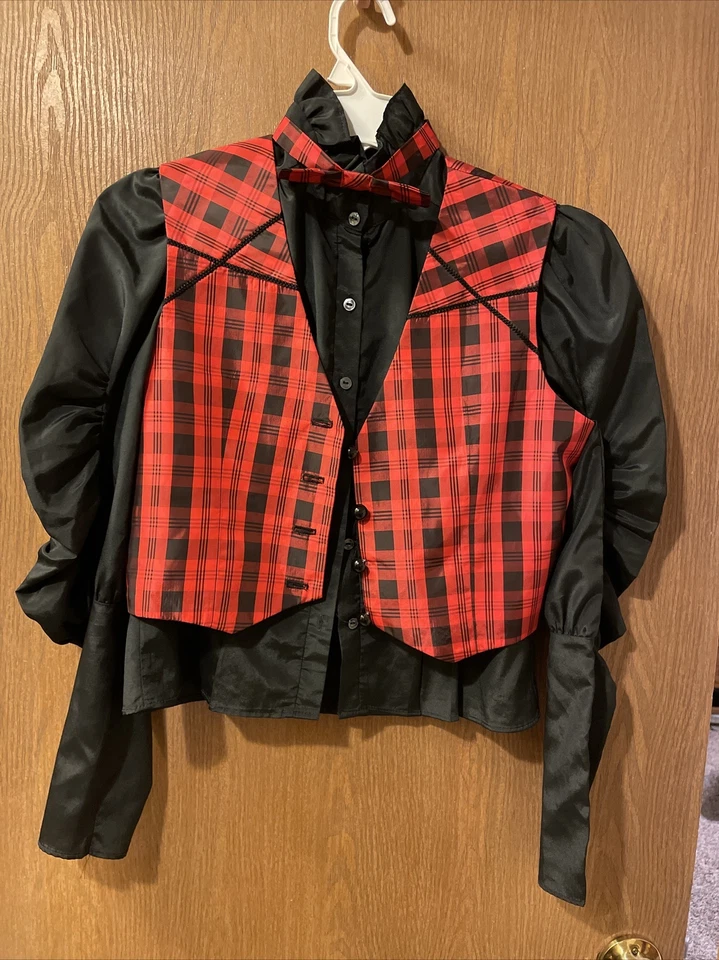 1880’s Style Black Blouse And Red/Black Vest With Bow Tie Costume Sm Long Sleeve - Image 3 of 4