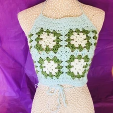 Handmade Crochet Granny Squares Crop Top/Halterneck Top - Aqua Greens
