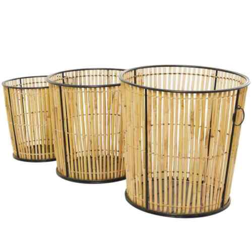 Rattan Wood Handmade Slatted Frame Storage Basket Set of 3 with Ring Handles USA
