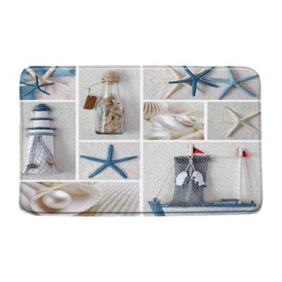 Nautical Bath Mat Starfish Beach Seashell Lighthouse Ocean Theme Sea World Blue 