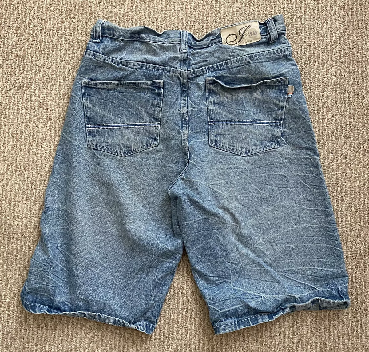 Men’s INDIGO 34” Waist Blue Denim Jorts Jeans Shorts Factory Faded Wrinkle  Wash