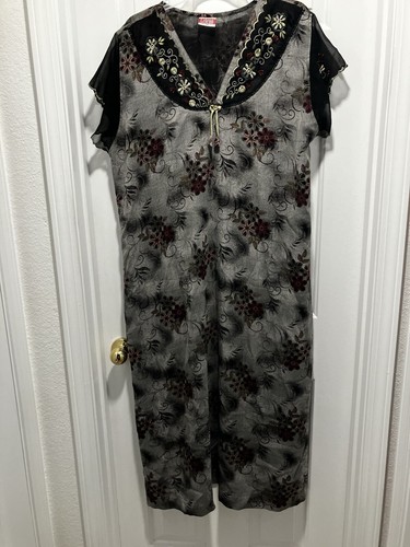 Women’s Teleno Xxl Long Taditional Indian Nightgown Black Floral Embroidered - Picture 3 of 16