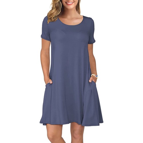 Women Fashion Round Neck Short Sleeve Dress Solid Casual Short Dress with Pocket - Picture 15 of 23