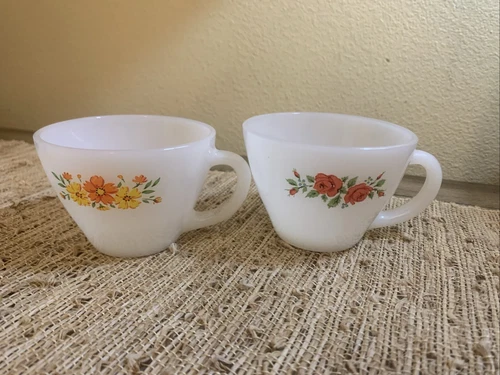 VTG Fire King Milk Glass Yellow Orange Flower Rose Floral Cup Anchor Hocking Tea