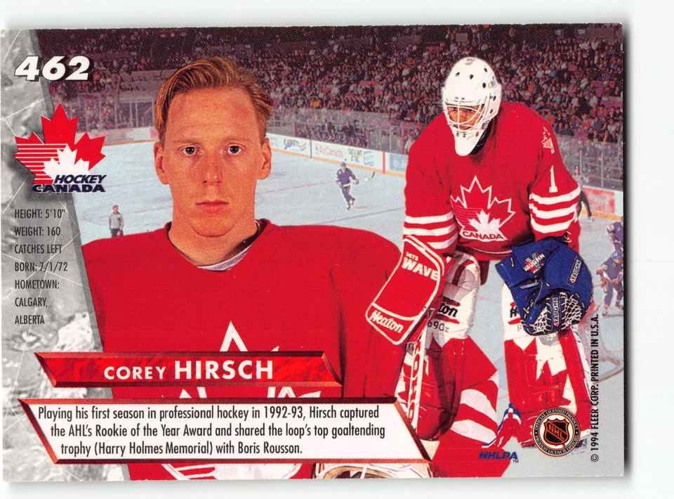 Corey Hirsch 1993-94 Team Canada Card - Image 2 of 2
